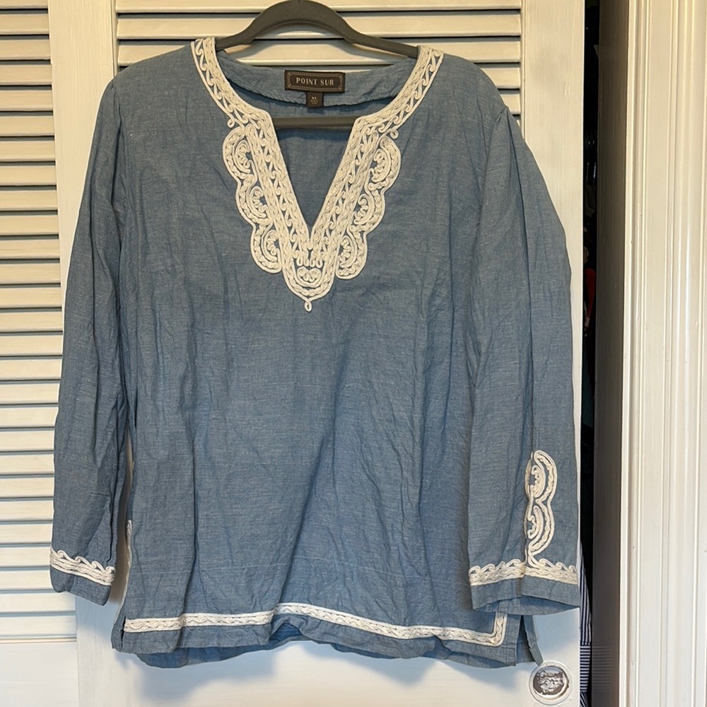 Blue Embroidered 3/4 Sleeve Tunic